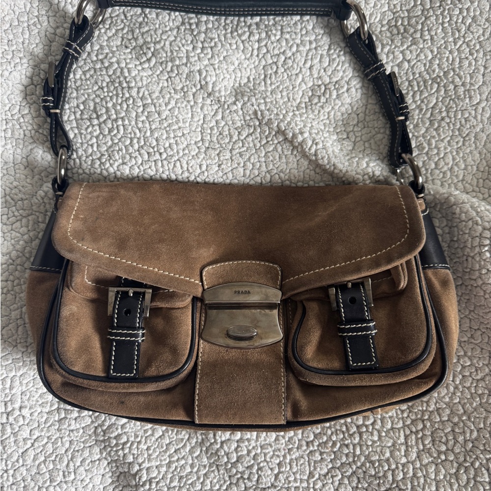 Vintage Prada Sidonie bag, Camel suede with 2 pockets